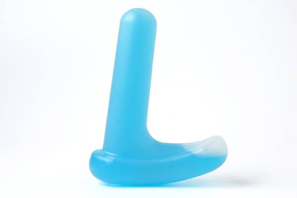 Light blue refreezable ice pack with a short insertable portion and a larger shield shape on the end