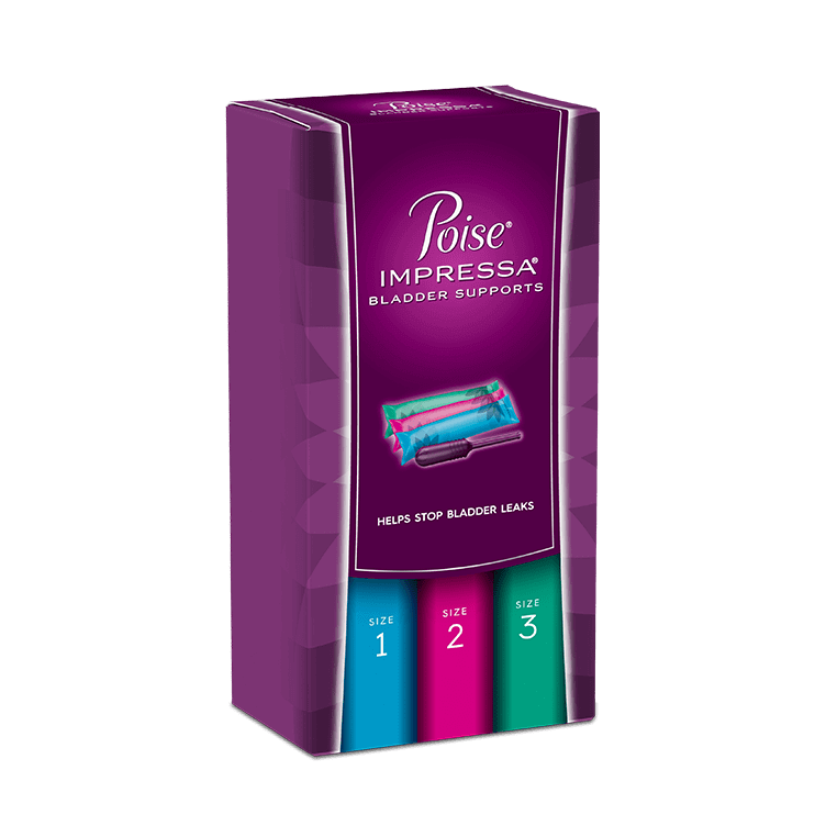image of purple rectangular box reads Poise Impressa Bladder Supports three sizes in box