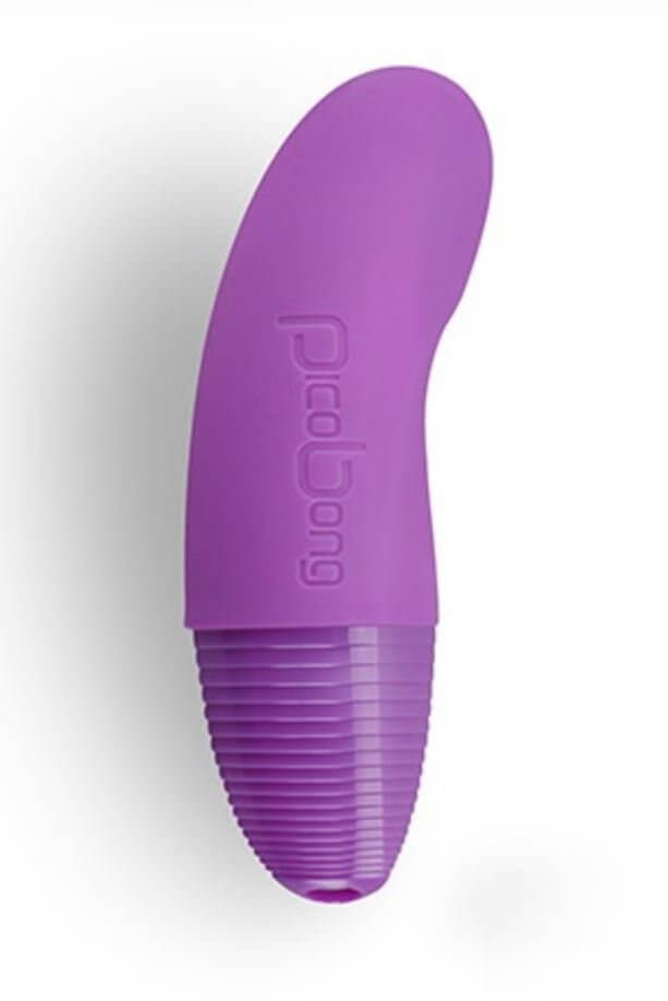 Light purple handheld egg shaped vibrator with a ridged base curves slightly at the top rounded tip