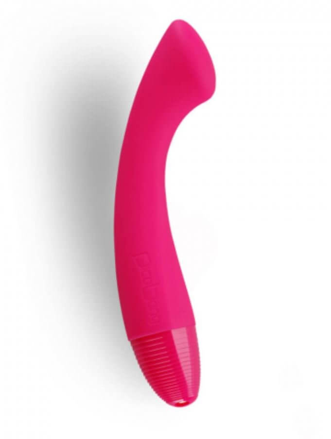 Hot pink vibrator with oval base continual into shaft which curves in a gentle 90 angle to domed tip