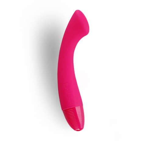 handheld vibrator with narrow shaft and wide flat curved head end entirely hot pink