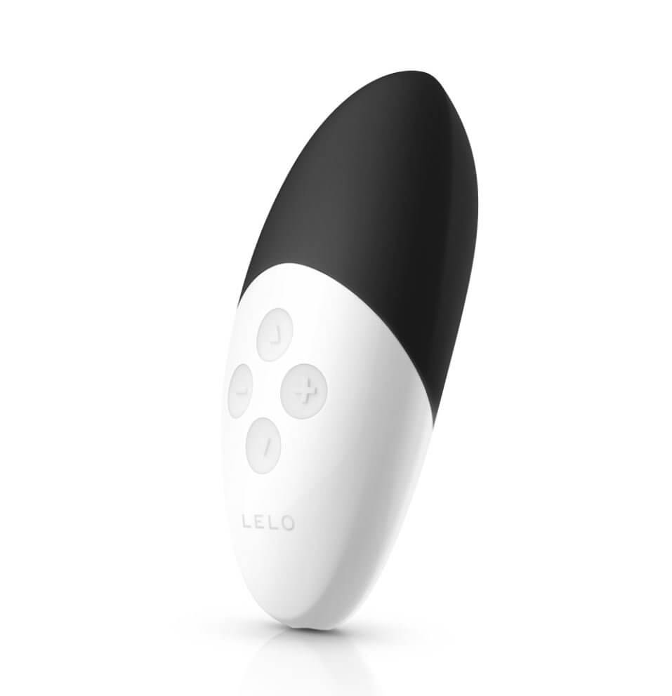 Handheld egg shaped vibrator has black top and white bottom with 4 control buttons on bottom section