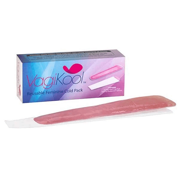 Box of Vagi-Kool with a pink reusable ice pack encased in a plastic liner laying in front of the box