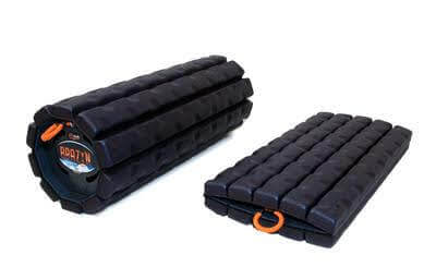 2 part image black foam roller in round expanded or collapsed folded flat position white background