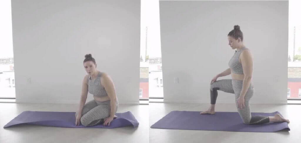 2 part image yoga mat folded over underneath knee or ankle for additional support in positions