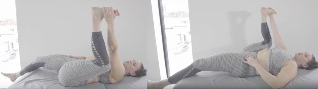 Left or right side: hand holds outside of foot pulls knee up near armpit while other leg is straight