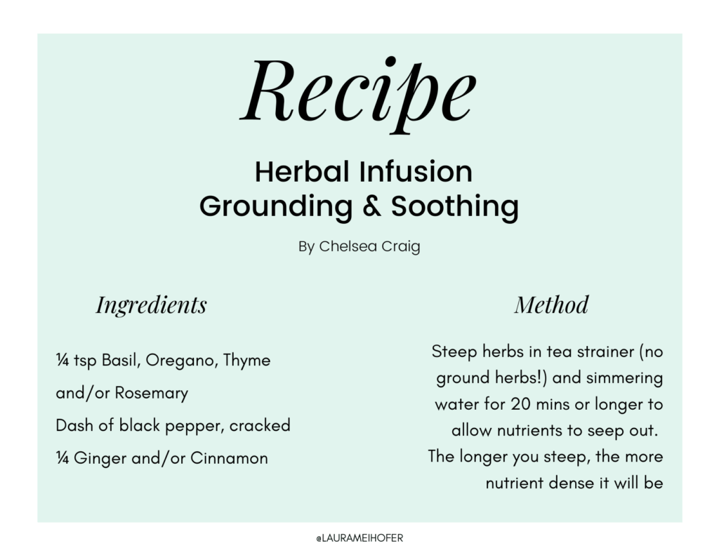 Recipe card instructions and measurements for creating an herbal infusion for grounding and soothing