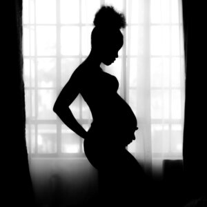 black and white image pregnant woman