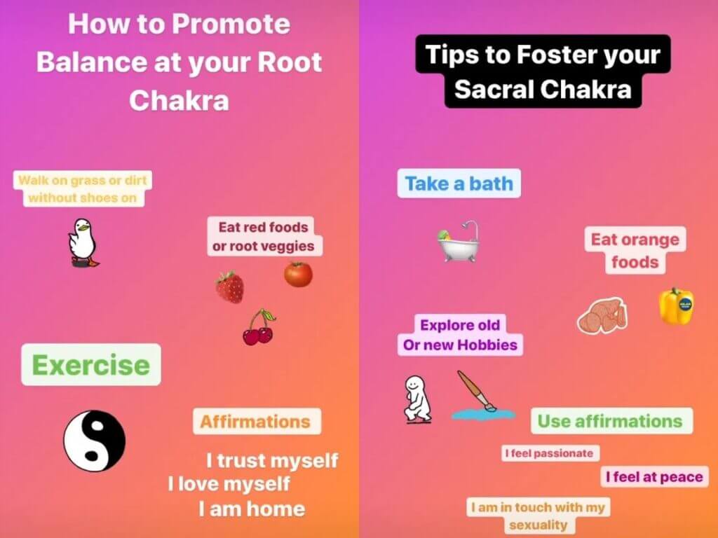 2 part image with pink gradient background displaying various tips for root and sacral chakras