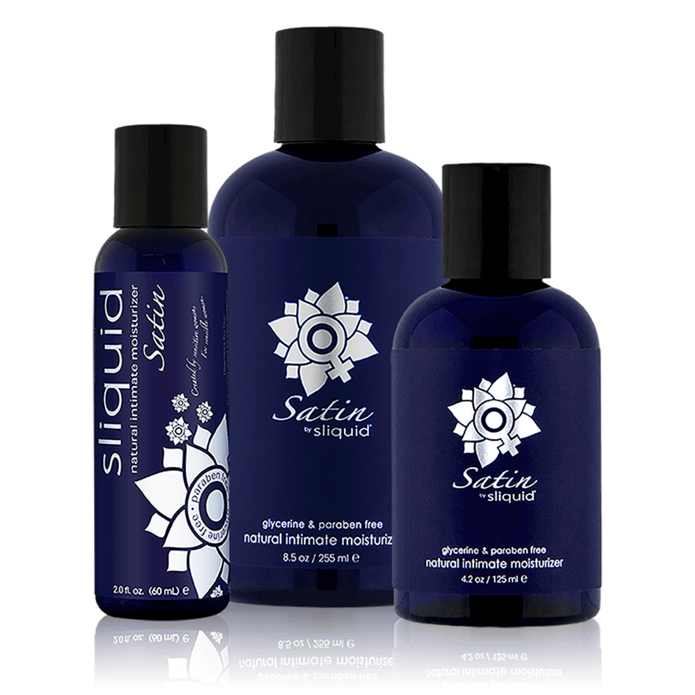 Various size navy colored bottles of Sliquid Naturals Satin natural intimate moisturizer