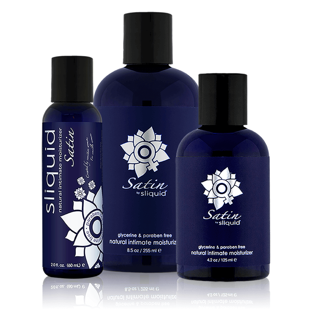 3 sizes of dark navy bottles black lids navy labels read Sliquid Satin natural intimate moisturizer