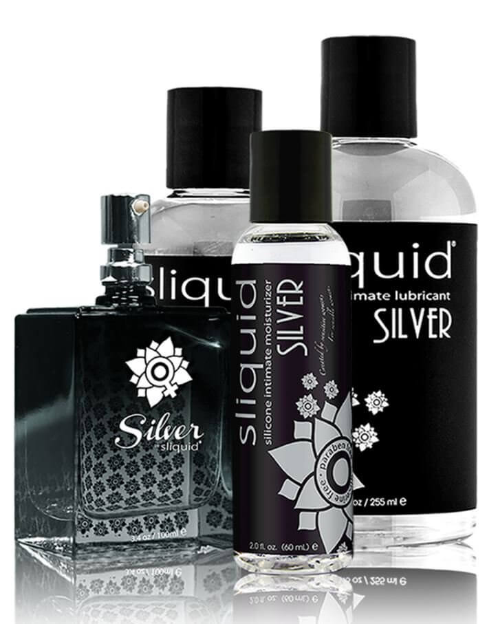 Various size bottles with black labels of Sliquid Naturals Silver silicone intimate moisturizer