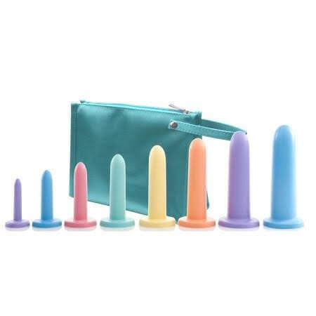 Green bag with a row of 8 various size dilators arranged from smallest to largest from left to right