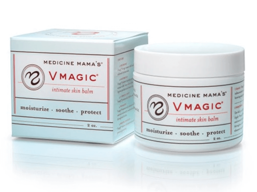 Box and 2oz round container both are white with labels read Medicine Mamas VMagic intimate skin balm