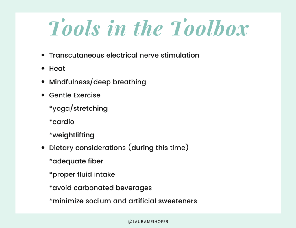 Graphic card titled Tools in the Toolbox with a list of ways to help symptoms of painful periods