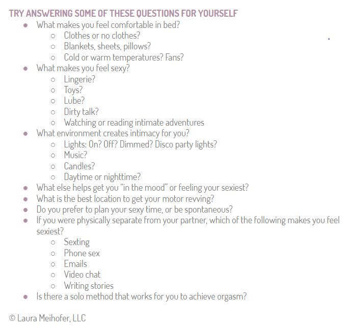 Graphic of a list of questions to consider for your own personal pleasure