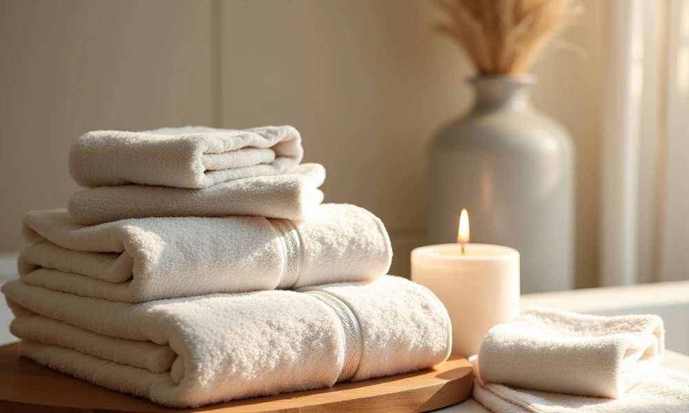 towels-and-relaxing-candle A stack of towels next to a lit candle